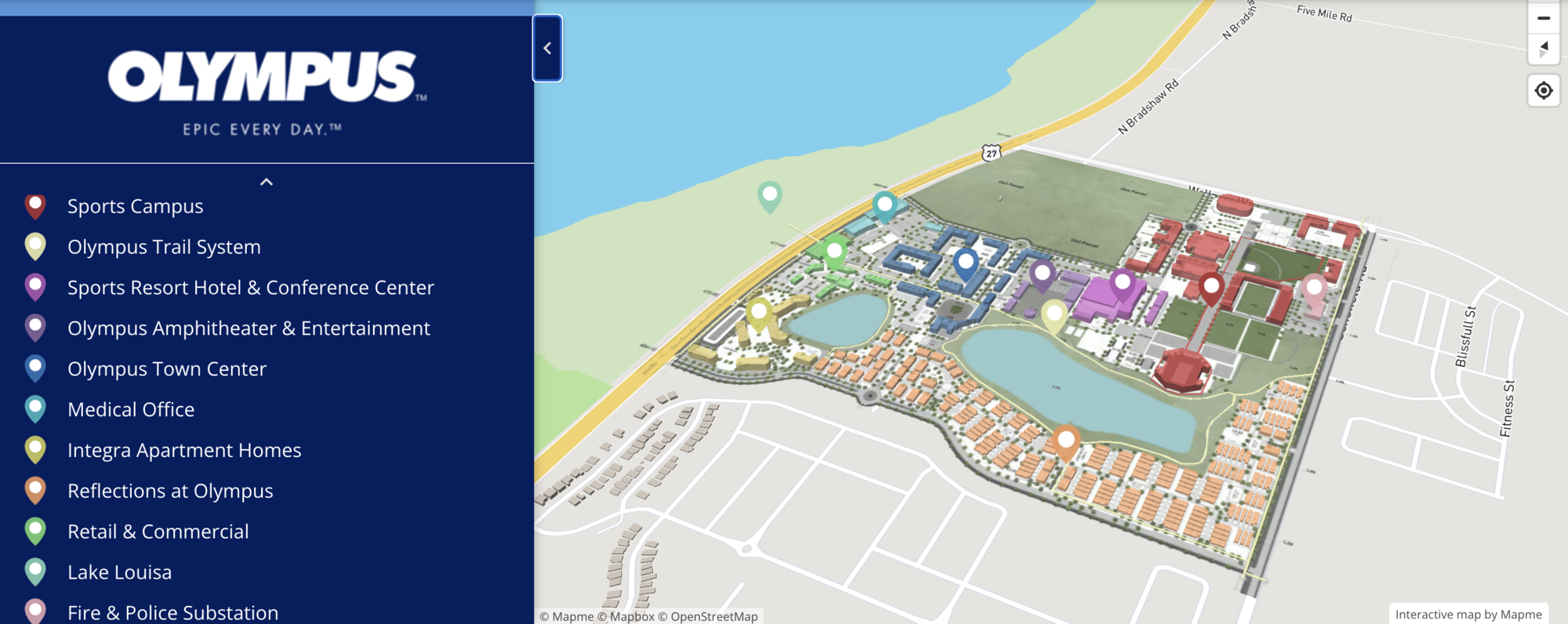interactive map with pin points on colored buildings